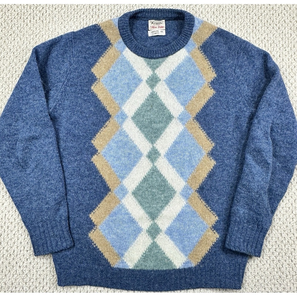 Vintage Alan Paine Sweater Mens 44 Slim Blue Shetland Wool Argyle Kantz England